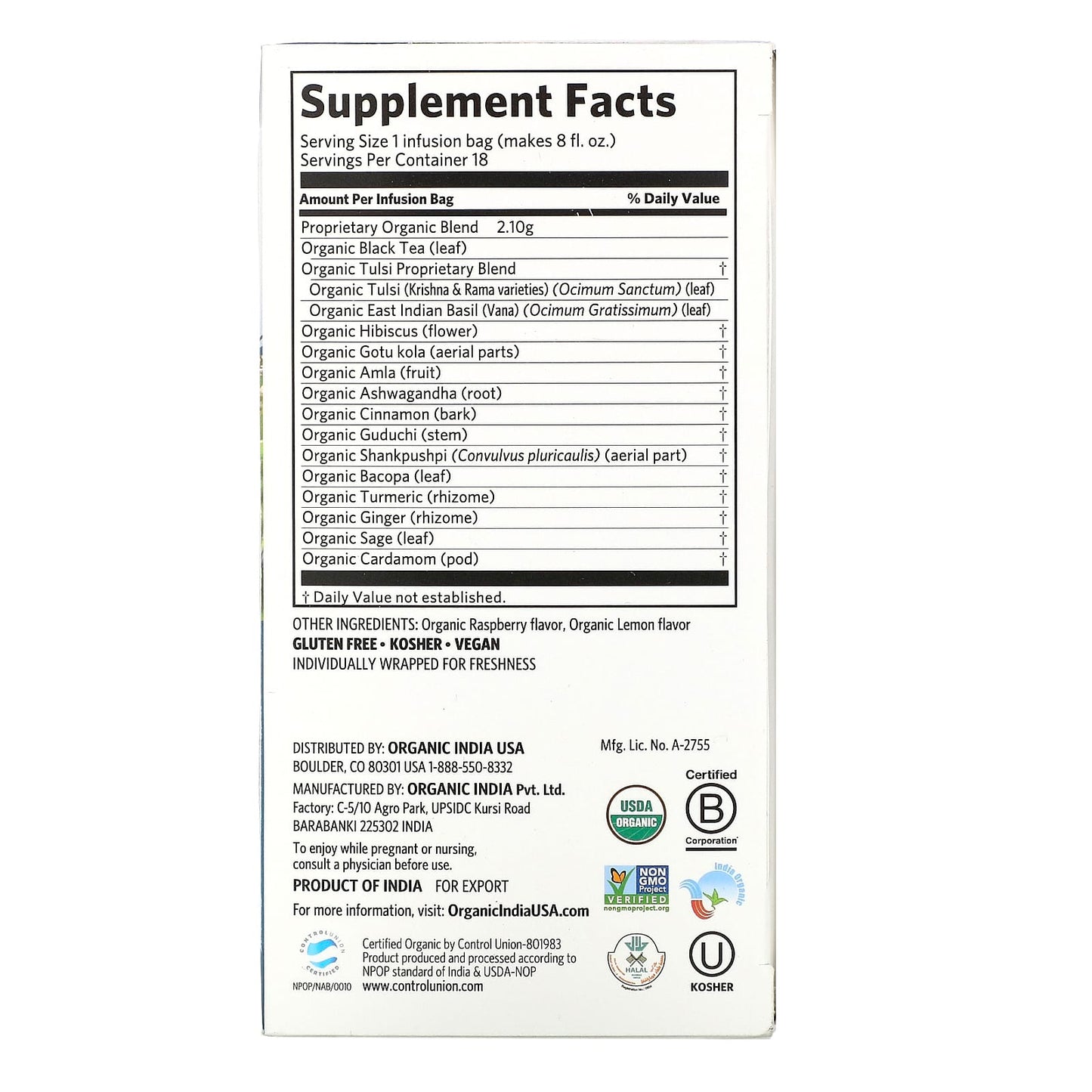 Tulsi Tea, Focus, Raspberry Lemon, 18 Infusion Bags, 1.27 oz (36 g)