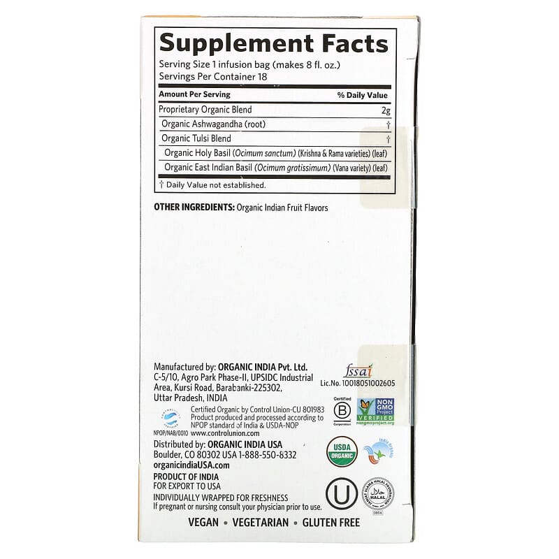 Tulsi Tea, Ashwagandha, Caffeine-Free, 18 Infusion Bags, 1.27 oz (36 g)