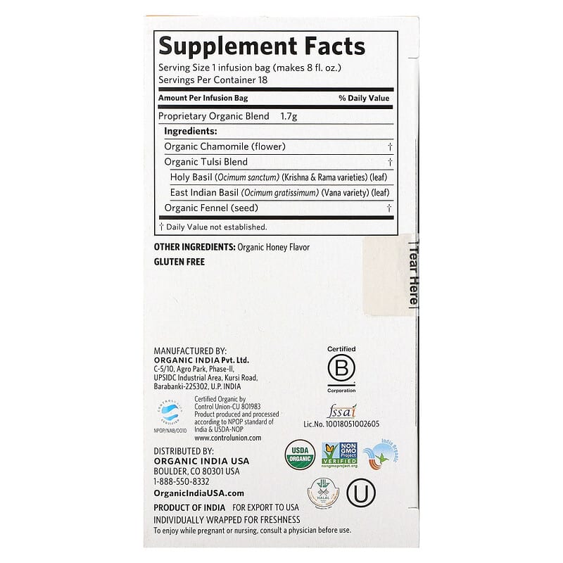 Tulsi Tea, Honey Chamomile, Caffeine-Free, 18 Infusion Bags, 1.08 oz (30.6 g)