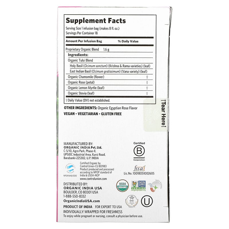 Tulsi Tea, Sweet Rose, Caffeine Free, 18 Infusion Bags, 1.01 oz (28.8 g)