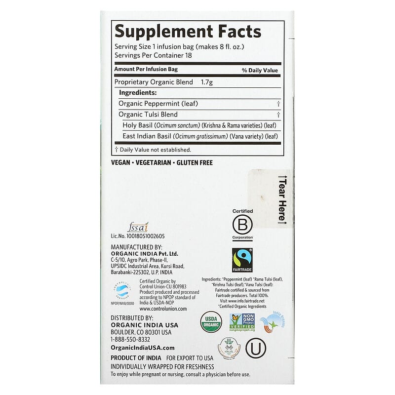 Tulsi Tea, Peppermint, Caffeine-Free, 18 Infusion Bags, 1.08 oz (30.6 g)