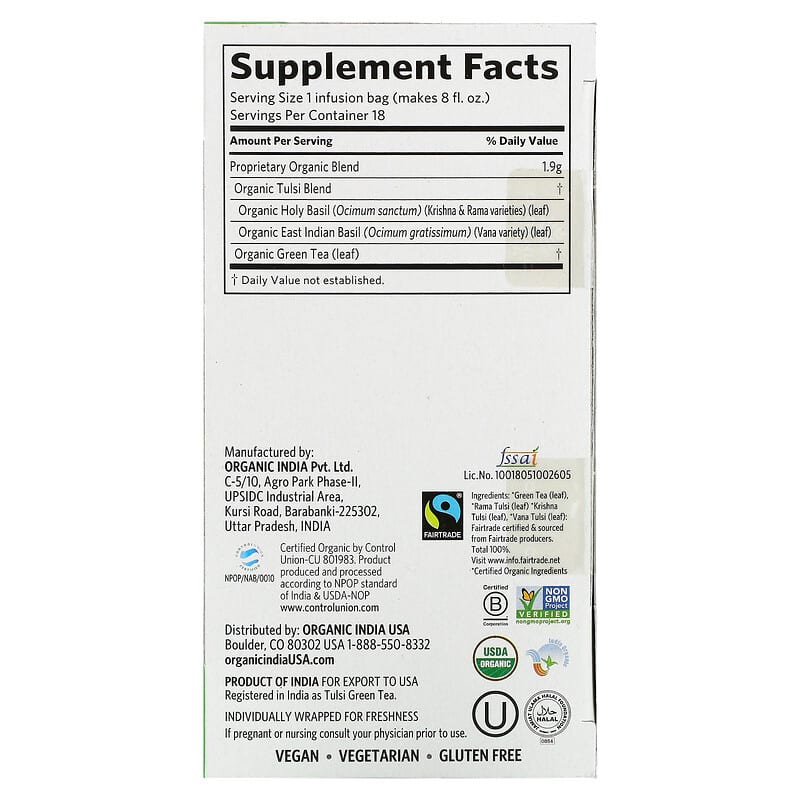 Tulsi Tea, Green, 18 Infusion Bags, 1.21 oz (34.2 g)
