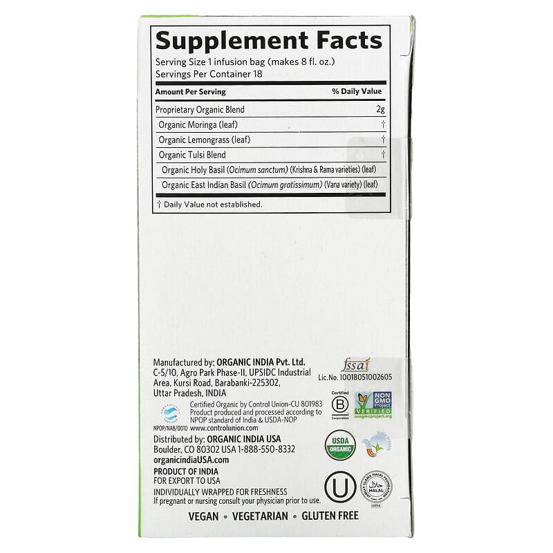 Tulsi Tea, Moringa, Caffeine Free, 18 Infusion Bags, 1.27 oz (36 g)