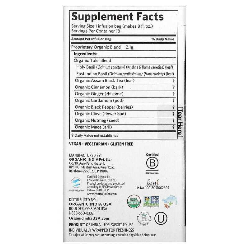 Tulsi Tea, Masala Chai, 18 Infusion Bags, 1.33 oz (37.8 g)