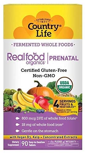Real Food Organics Prenatal Fermented Whole Foods Supplement with 800mcg DFE Whole Food Folate & Iron - 90 Tablets