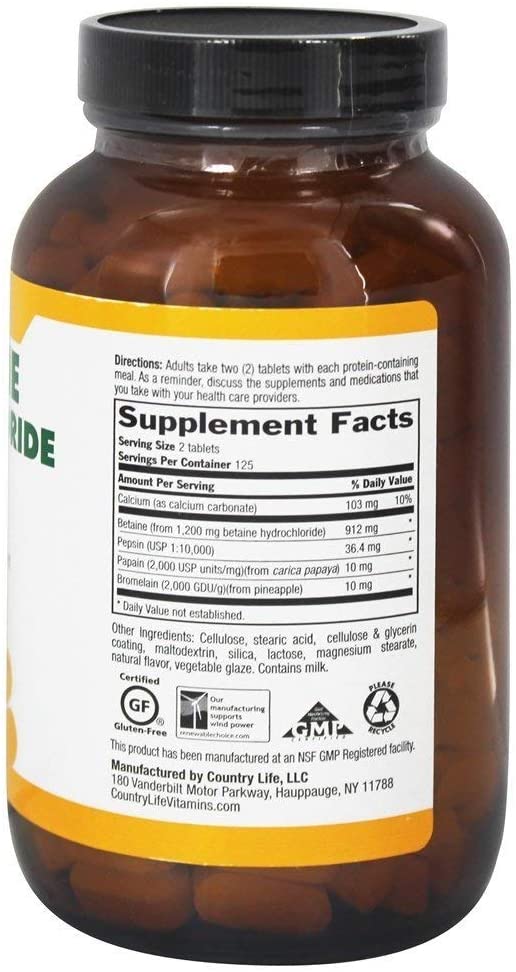 Betaine Hydrochloride with pepsin 600 mg - 250 Tablets