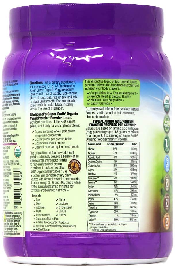 Super Earth Organic Veggie Protein Powder Chocolate, 16 Ounce