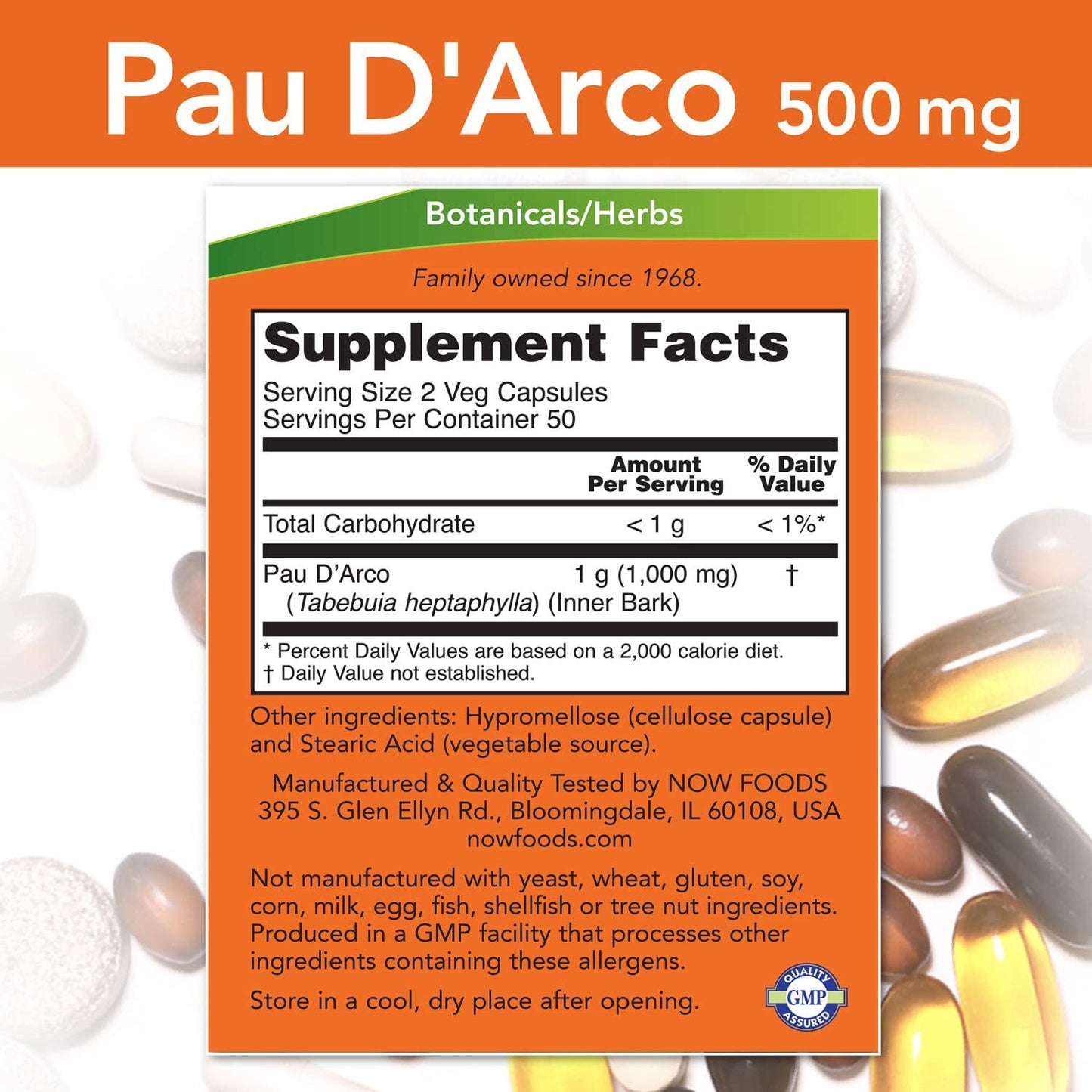 Pau D'Arco (Tabebuia heptaphylla) 500 mg, Herbal Support, 100 Veg Capsules