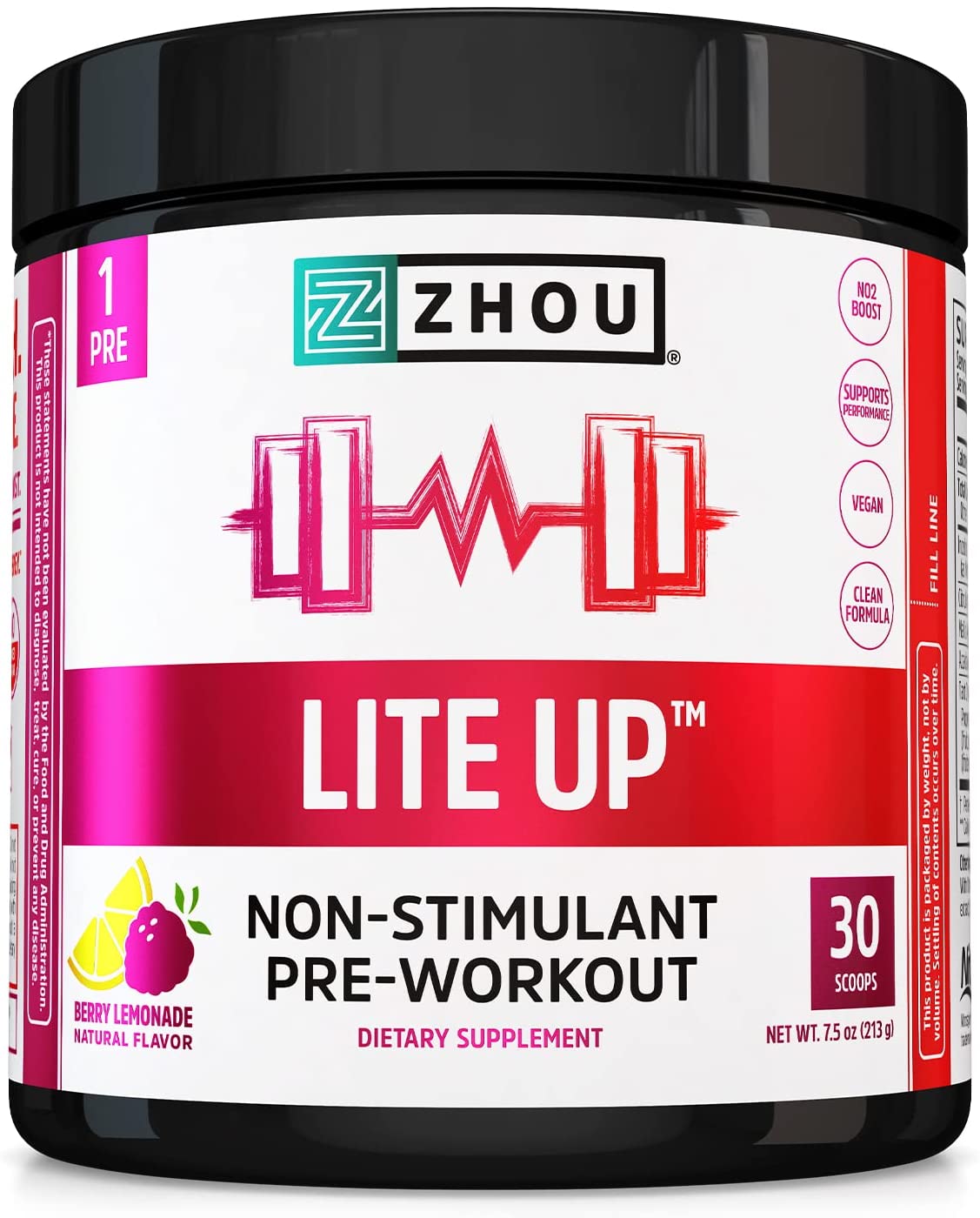 Zhou Lite Up Non-stimulant Pre-Workout Berry Lemonade 30 Scoops