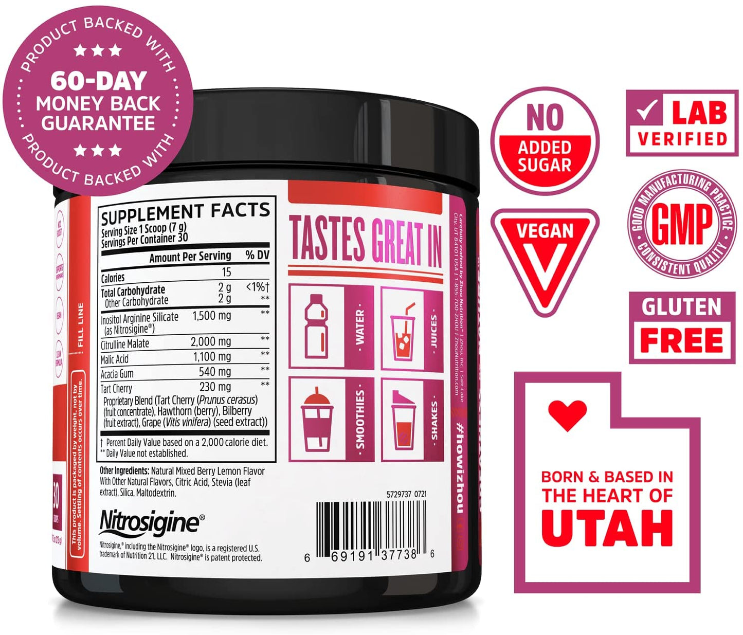 Zhou Lite Up Non-stimulant Pre-Workout Berry Lemonade 30 Scoops