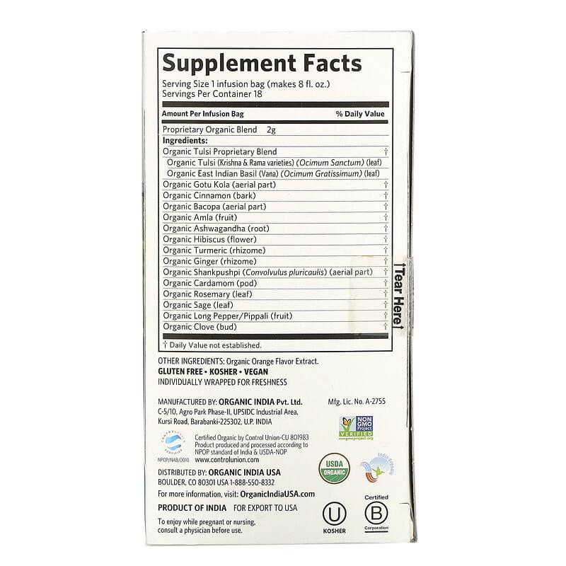 Tulsi Focus with Bacopa, Hibiscus Cinnamon, Caffeine Free, 18 Infusion Bags, 1.27 oz (36 g)