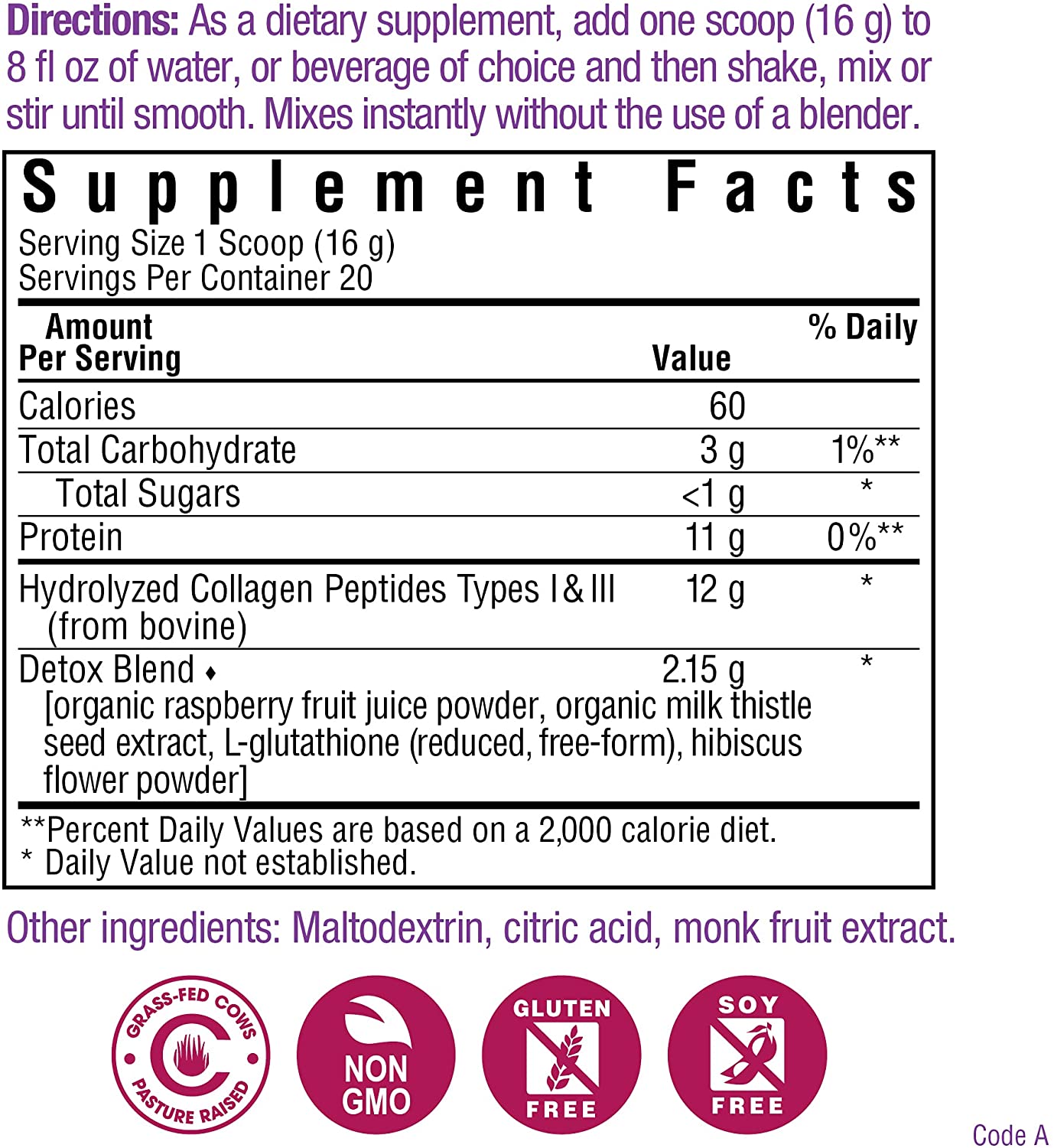 Collagen Refreshers Detox Powder, 11.29 oz, 20 Servings, Hibiscus Berry Flavor