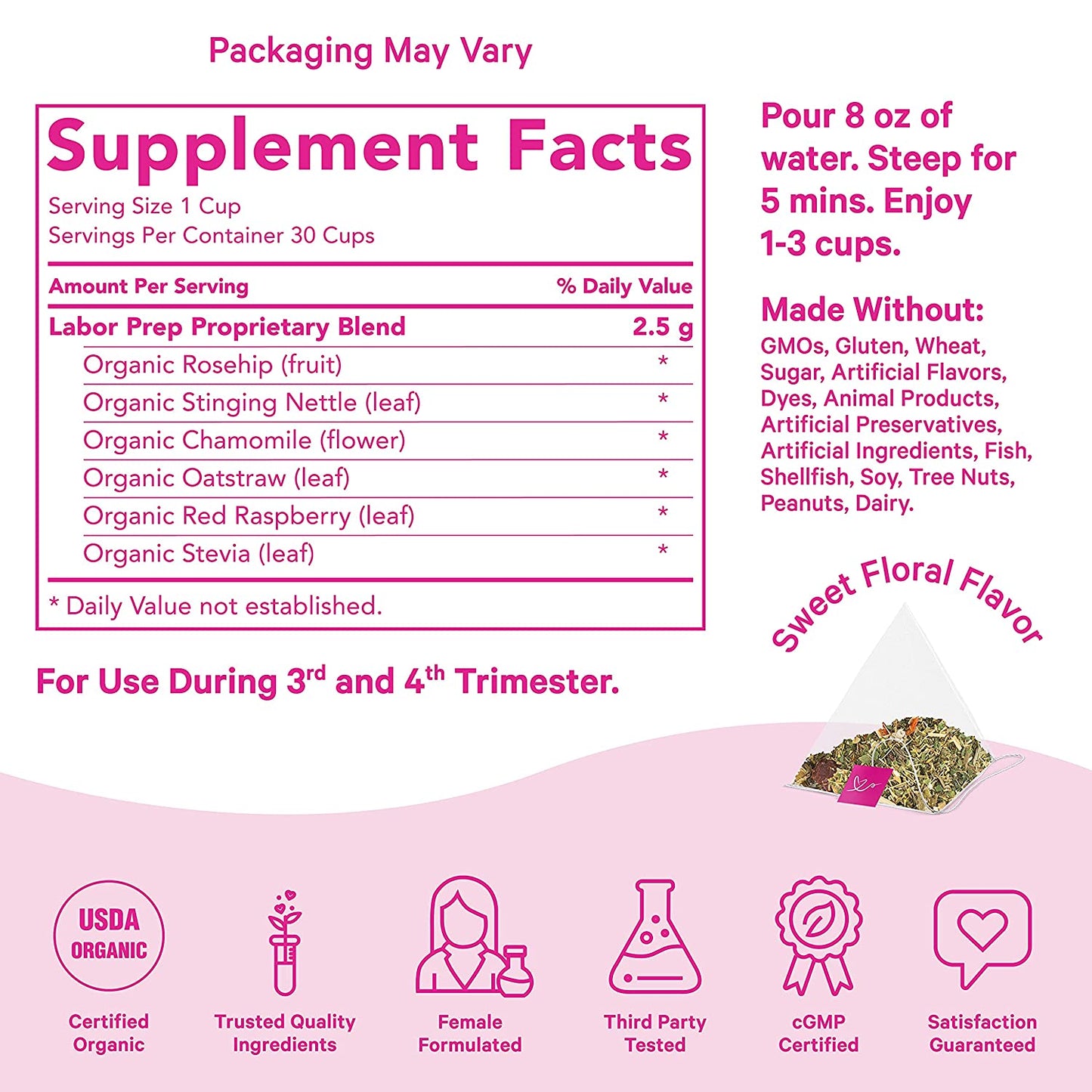 Pink Stork Labor Prep Tea: Sweet Floral, Red Raspberry Leaf Tea, 100% Organic, 15 Ct