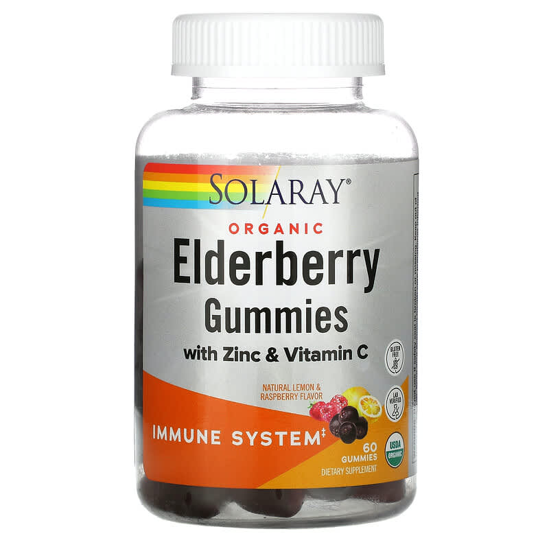 Organic Elderberry Gummies With Zinc & Vitamin C, Natural Lemon & Raspberry, 60 Gummies