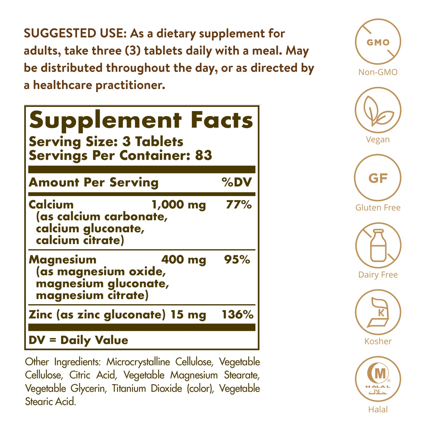 Calcium Magnesium Plus Zinc Tablets, 250 ct