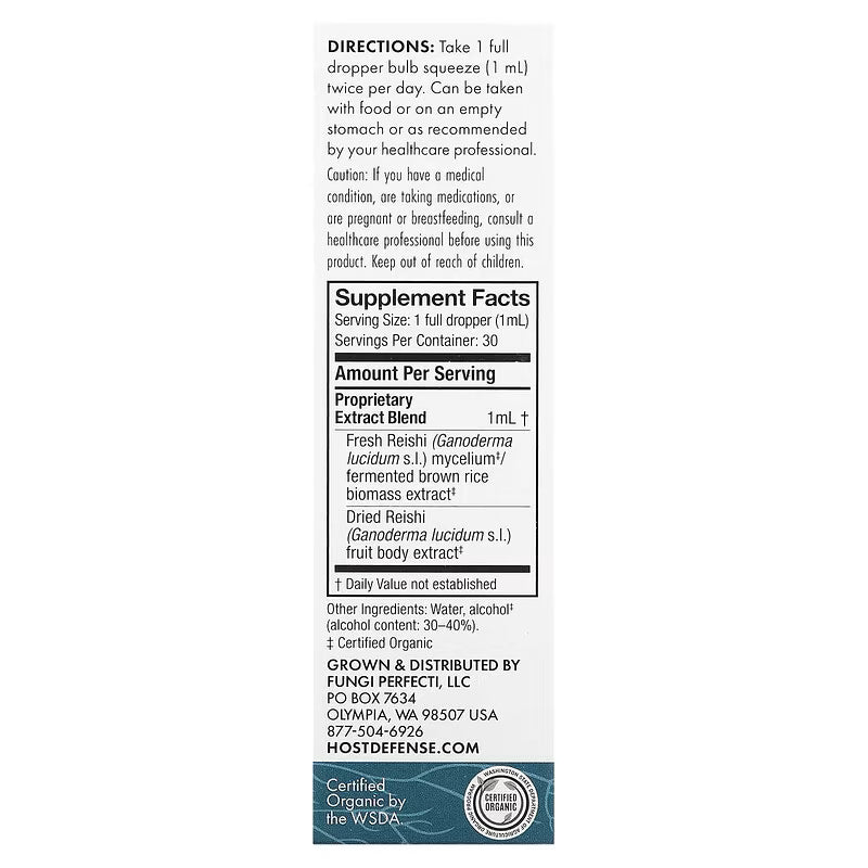 Host Defense, Mushrooms, Organic Reishi Extract, 1 fl oz (30 ml)
