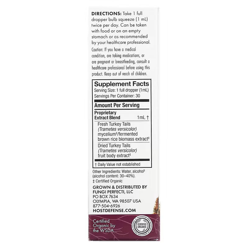 Host Defense, Mushrooms, Organic Turkey Tail Extract, 1 fl oz (30 ml)