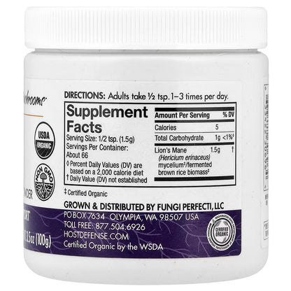 Host Defense® Mushrooms™, Lion's Mane, Mushroom Mycelium Powder, 3.5 oz (100 g)