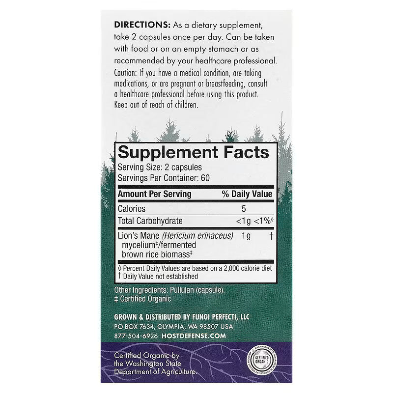 Host Defense, Mushrooms, Lion's Mane (0.5 g per Capsule)