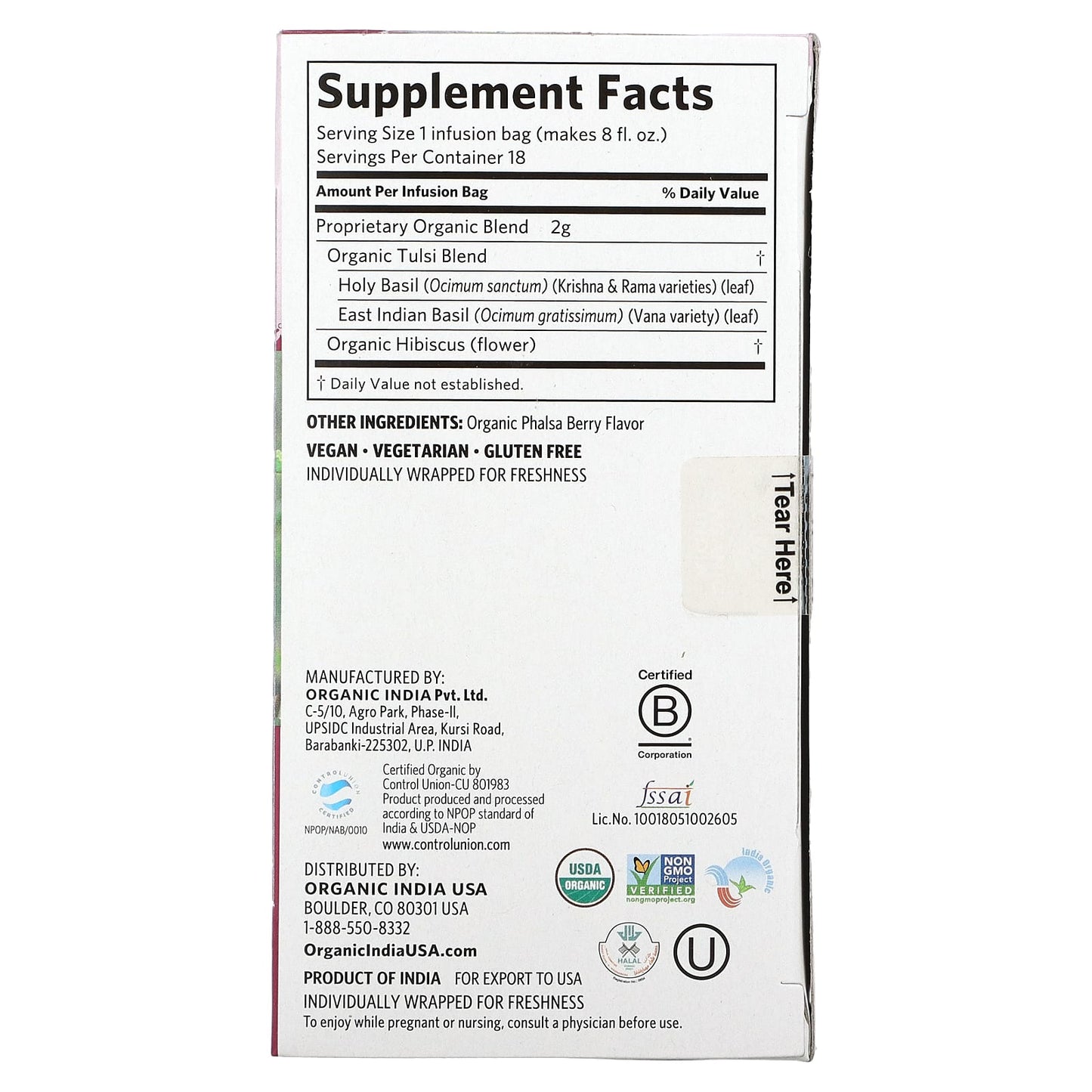 Tulsi Tea, Hibiscus, Caffeine-Free, 18 Infusion Bags, 1.27 oz (36 g)