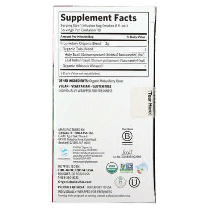 Tulsi Tea, Hibiscus, Caffeine-Free, 18 Infusion Bags, 1.27 oz (36 g)