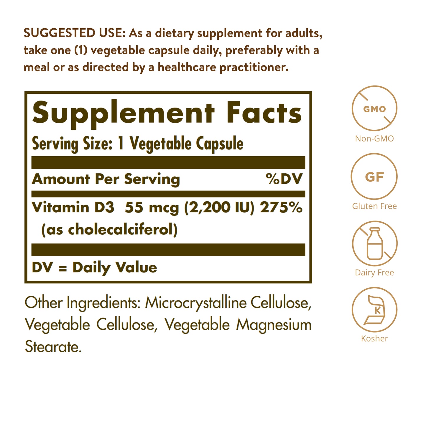 Vitamin D3 (Cholecalciferol) 55 mcg (2200 IU) Vegetable Capsules, 100 ct
