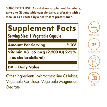 Vitamin D3 (Cholecalciferol) 55 mcg (2200 IU) Vegetable Capsules, 100 ct