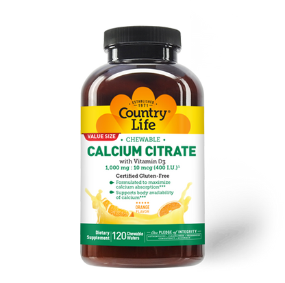 Country Life Calcium Citrate 1,000mg (400 I.U)  120 Chewable Wafers