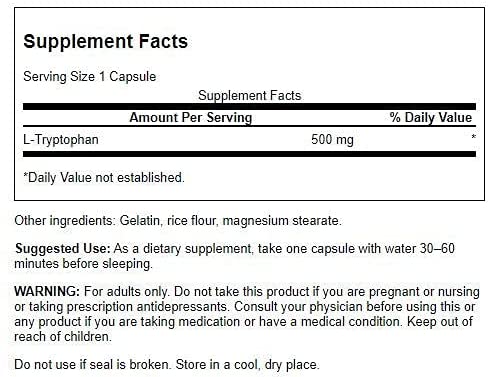Amino Acid L-Tryptophan 500 Milligrams 60 Capsules