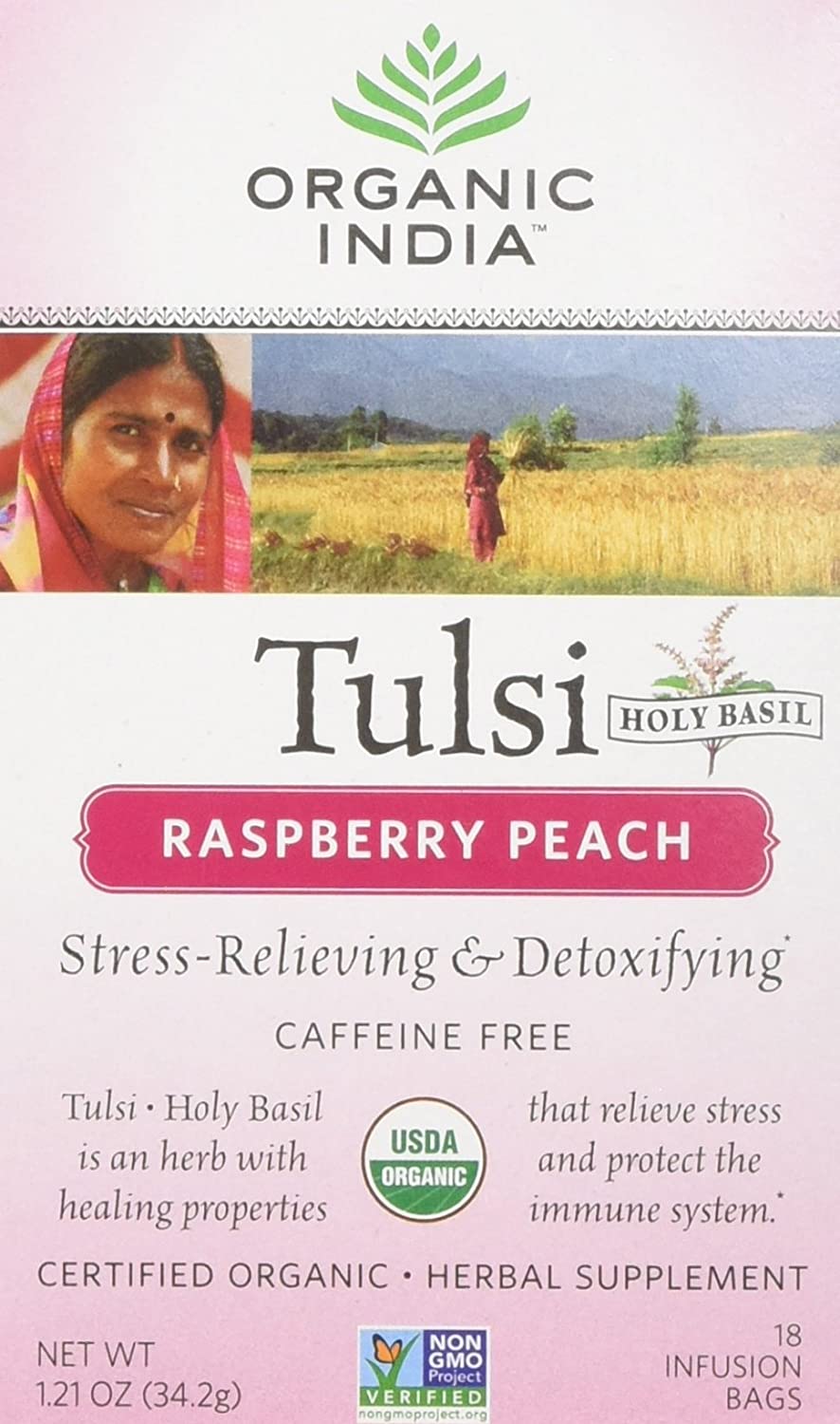 Organic India USA - Tulsi Raspberry Peach Tea, 18 bags