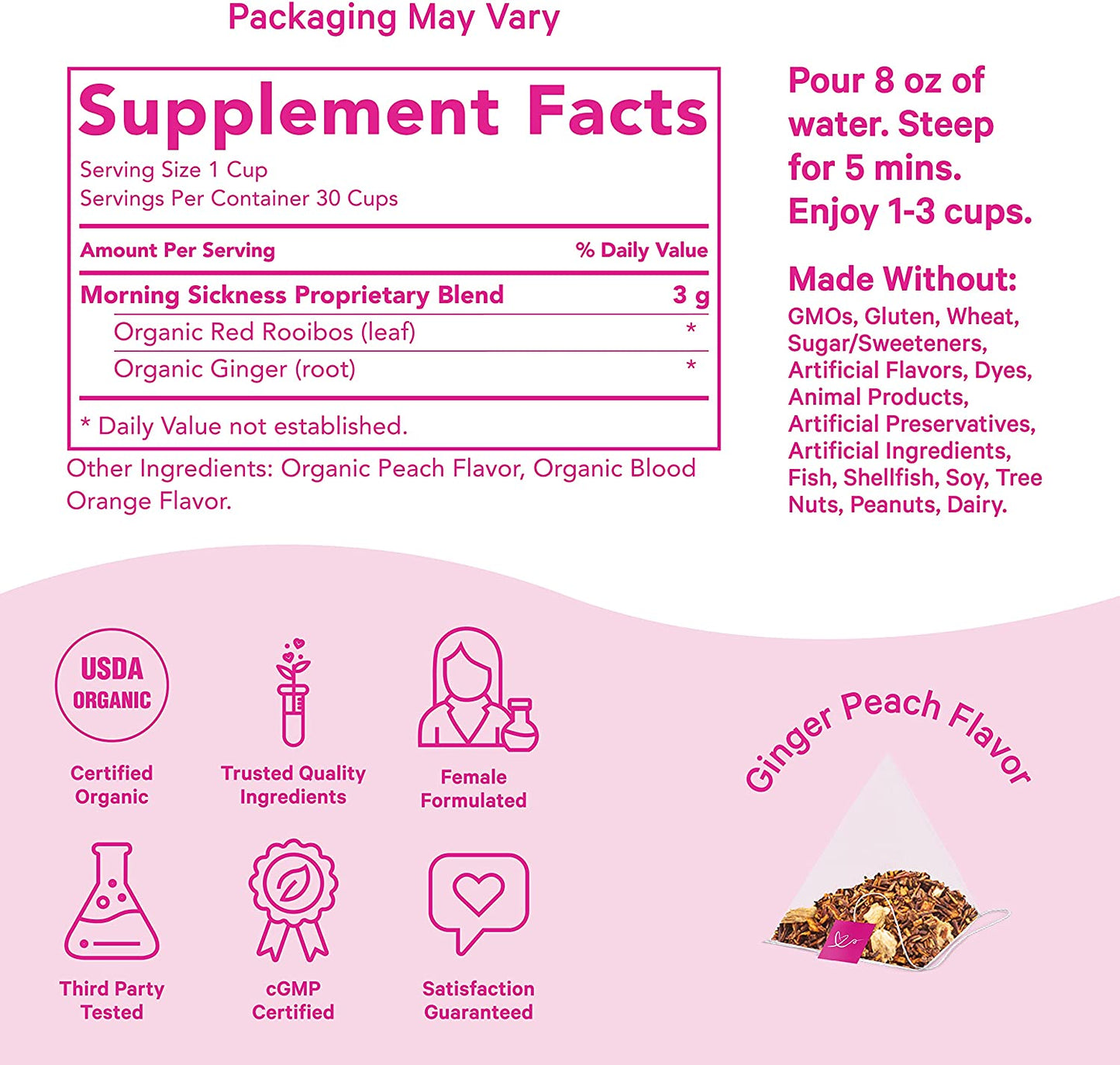 Pink Stork Morning Sickness Relief Tea: Ginger Peach, Organic Ginger, 100% Organic, 15 Cups